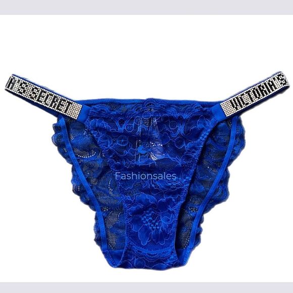 Victorias Secret Crystals Rhinestone Shine Strap Bikini Lace Panty blue Oar Lace - Picture 5 of 9